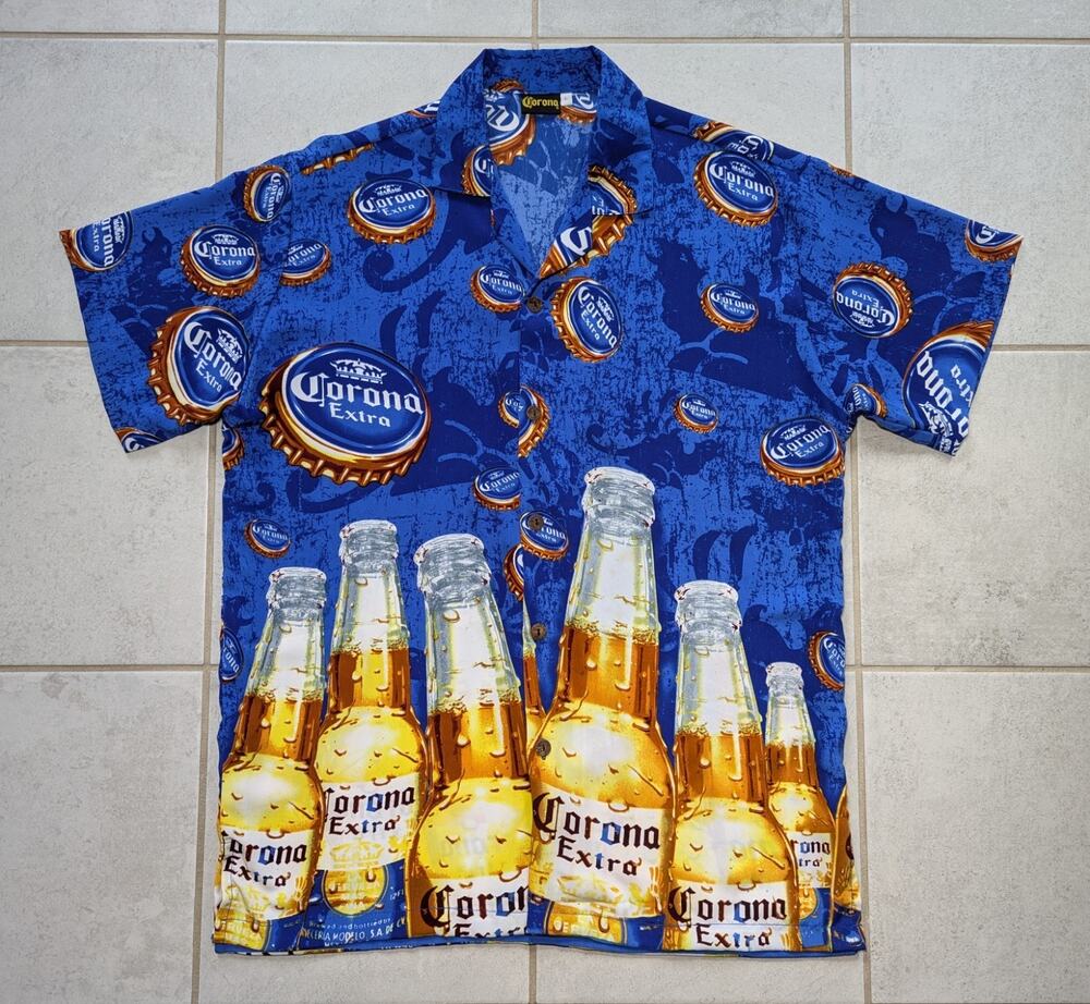 Corona Men's Large Shirt Blue Hawaiian All Over Print Beer Party Short Sleeve